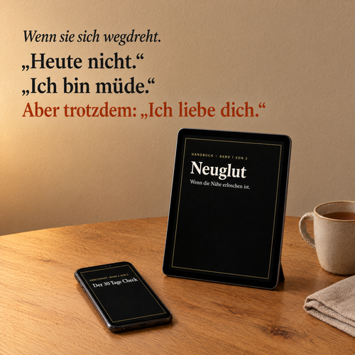 NEUGLUT Handbuch auf einem Tablet und der 30-Tage-Check auf einem Smartphone. Darüber: Wenn sie sich wegdreht. „Heute nicht.“ „Ich bin müde.“ Aber trotzdem: „Ich liebe dich.“